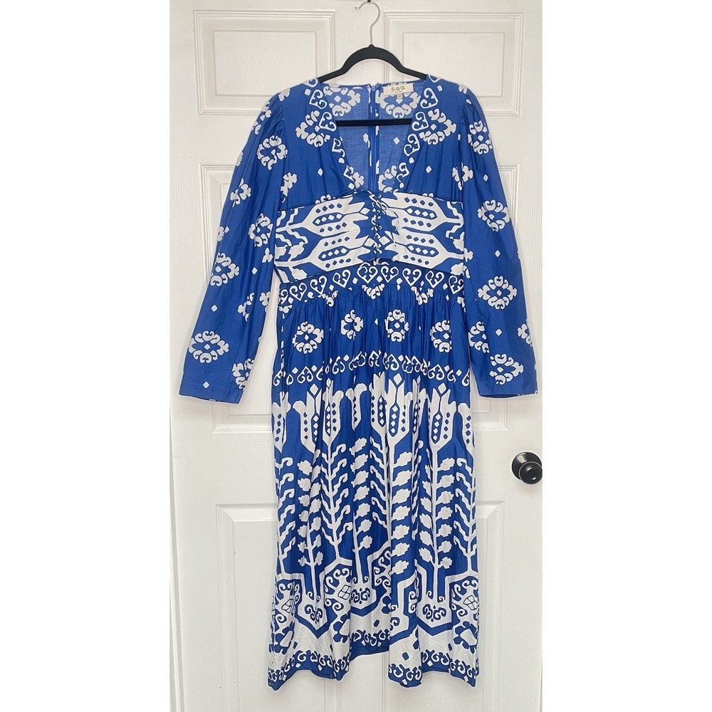 SEA Women 16 Sonia Lace-up Blue Cotton-poplin Midi Dress Resort Wear Greek Boho